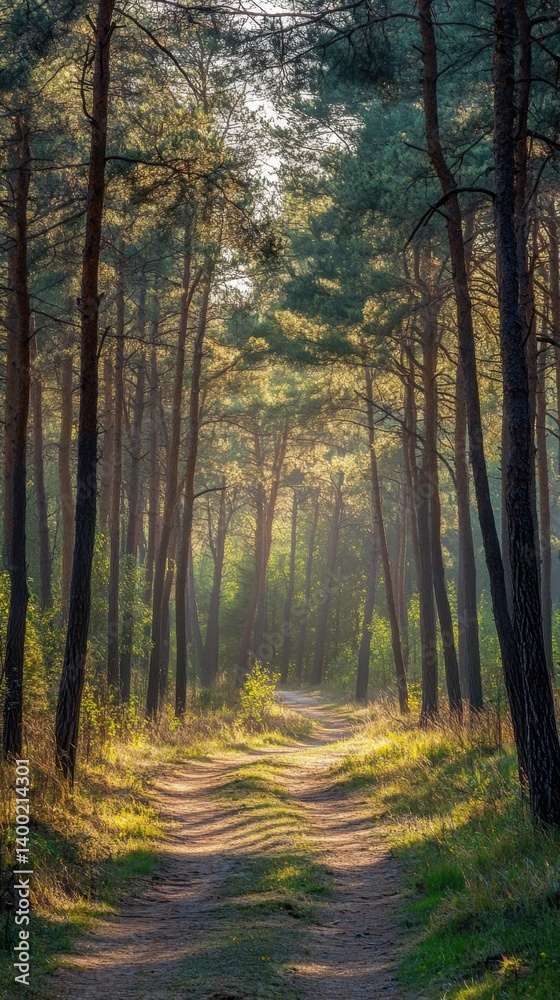 Enchanting Forest Path Bathed in Golden Sunlight Serene Woodland Scene with Tall Trees and Winding Trail Capturing the Tranquil Beauty of Nature Enchanting Forest Path Bathed in Golden Sunlight Serene Woodland Scene with Tall Trees and Winding Trail Capturing the Tranquil Beauty of Nature