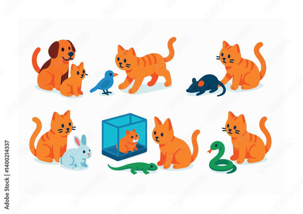 Obraz premium Flat style cats and pets icons collection - dog, cat, mouse, bird, rabbit, snake