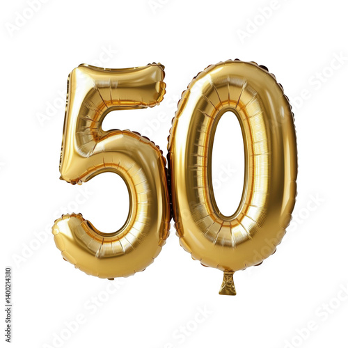 Golden foil balloon number fifty 50 fifty years anniversary celebration birthday party decoration fiftieth greeting card congratulation design element isolated on white background clipping path
