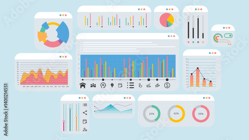 Colorful dashboard with bar charts, pie graphs, sliders, and circular infographics representing data monitoring and performance tracking. Concept of business, finances, innovation. Vector illustration