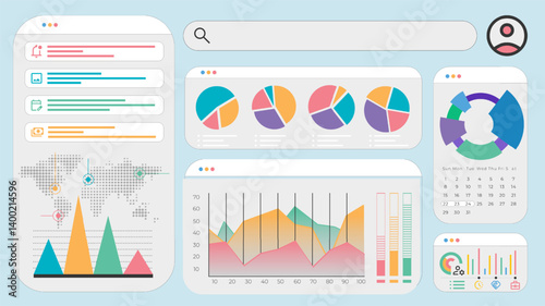 Flat dashboard layout featuring global analytics with pie charts, world map, calendar, and data layers. Concept of business intelligence, strategy, innovation. Vector illustration.