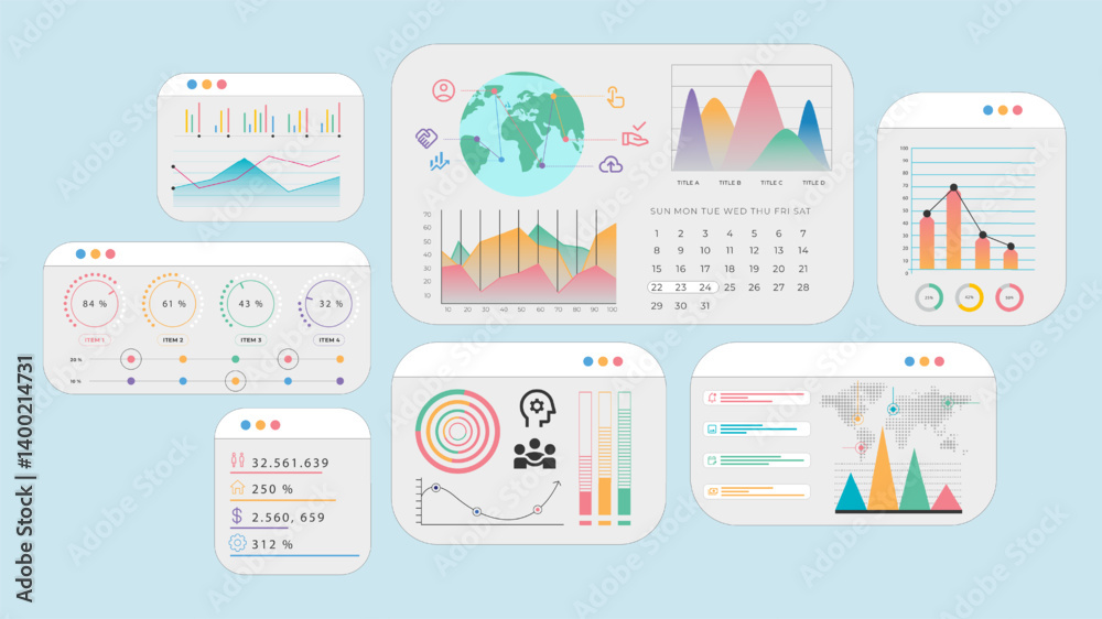Global dashboard interface with calendar, data graphs, and international connection icons illustrating strategy and statistics. Concept of business, growth, finance. Vector illustration.