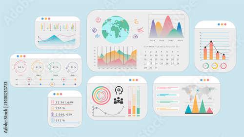 Obraz na płótnie Global dashboard interface with calendar, data graphs, and international connection icons illustrating strategy and statistics. Concept of business, growth, finance. Vector illustration. w salonie