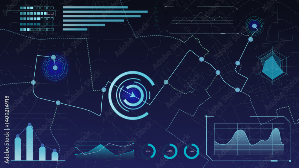 Futuristic data interface with glowing charts, timeline, digital radar and geographic analysis elements. Concept of innovation, AI, analytics, cyber business. Vector illustration.
