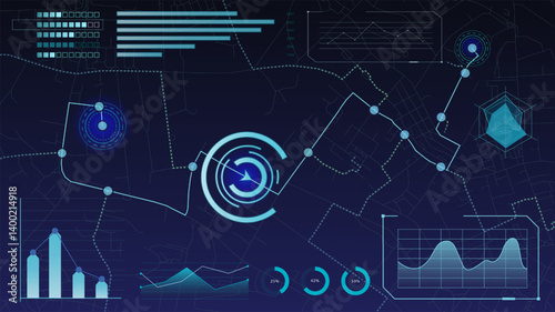Obraz na płótnie Futuristic data interface with glowing charts, timeline, digital radar and geographic analysis elements. Concept of innovation, AI, analytics, cyber business. Vector illustration. w salonie