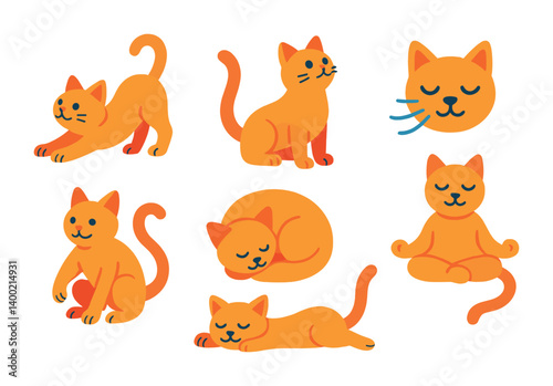 Isometric flat vector set of icons of yoga cats: stretch pose, upward cat, twisted paw pose, peaceful nap, breath icon, curled position, zen face, balanced tail. isolated transparent background.