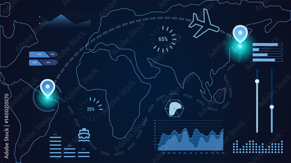 Infographic-style logistics map showing air and sea transport paths with bar charts and circular metrics. Concept of global trade, data analytics, logistics, transportation. Vector illustration.