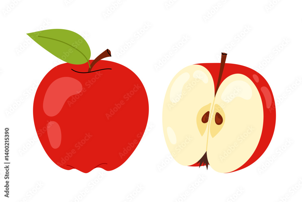 Red apple. Ripe whole and half apple isolated on white background. For food, healthy lifestyle themes or school. Red apple. Ripe whole and half apple isolated on white background. For food, healthy lifestyle themes or school.