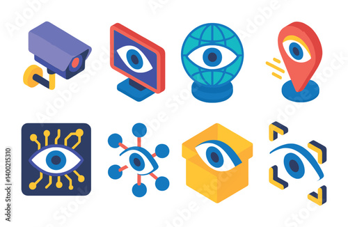 Isometric flat vector set of icons of parking lot equipment: bollard, ticket machine, stop bar, mirror post, cone marker, barrier arm, surveillance camera, speed bump. isolated transparent background