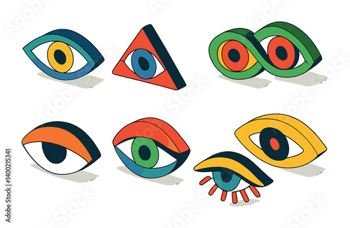 Isometric flat vector set of icons of abstract eye shapes: geometric eye, triangular eye, circular iris, double eye, half-closed eye, asymmetric eye, shadowed eye, stylized lashes. isolated