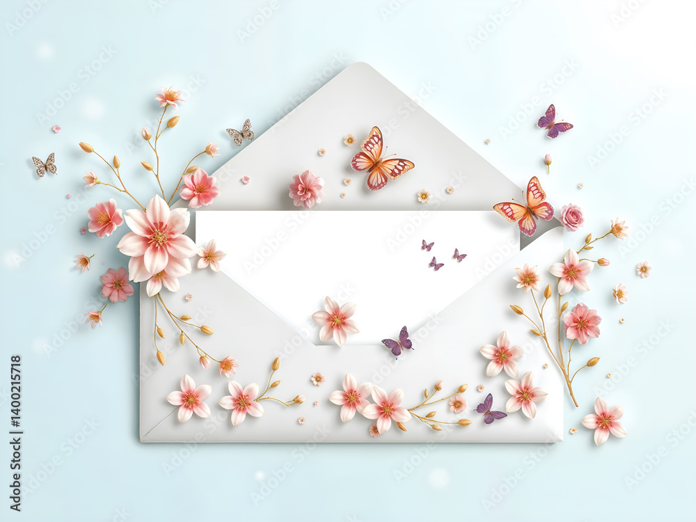 Decorative envelope with cherry blossoms and butterflies, ideal for romantic or festive greeting themes. Generative AI