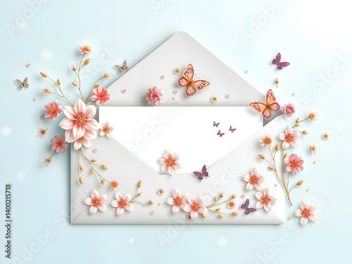 Obraz na płótnie Decorative envelope with cherry blossoms and butterflies, ideal for romantic or festive greeting themes. Generative AI w salonie