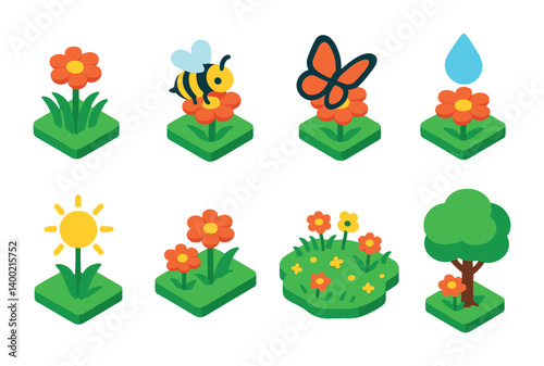Isometric flat vector set of icons of abstract floral forms: geometric flower, spiral petal, dotted bloom, icons in a modern, minimalist design. Use bold, vibrant, and saturated colors — no pastels.
