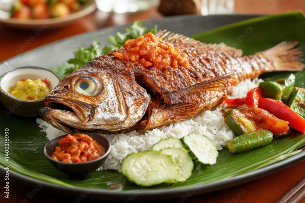 Delicious Fried Fish with Rice and Vegetables on Banana Leaf A Culinary Delight from Southeast Asia Delicious Fried Fish with Rice and Vegetables on Banana Leaf A Culinary Delight from Southeast Asia