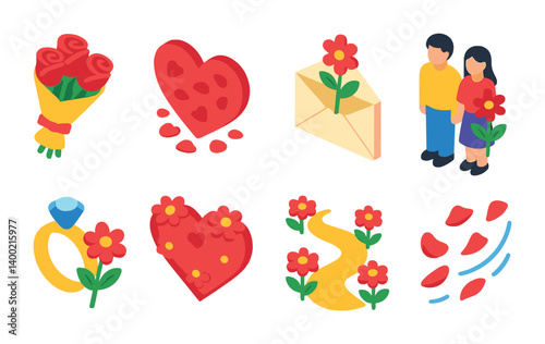 Isometric flat vector set of icons of flower combinations: rose and lily, tulip and daisy, sunflower with leaf, mixed bouquet, three-flower cluster, assorted garden flowers, romantic pair, floral