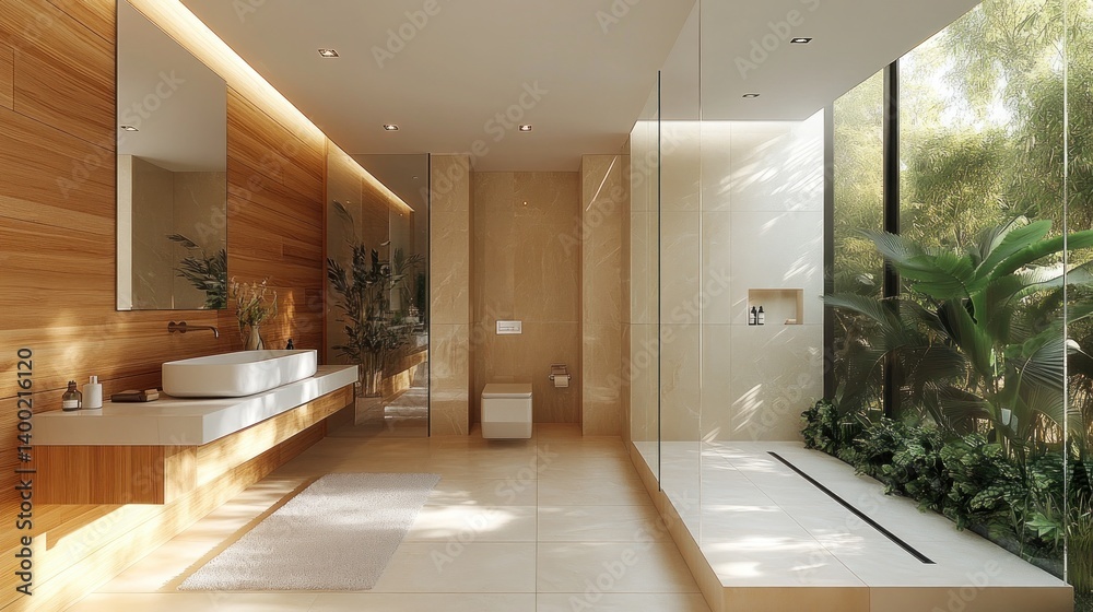 Fototapeta premium Luxurious Modern Bathroom Design with Natural Light and Greenery