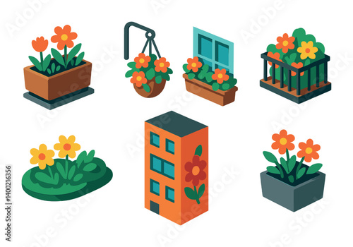 Isometric flat vector set of icons of urban floral elements: city planter, hanging street flower, window bloom box, balcony flowers, park flowerbed, fence with petals, building floral mural, sidewalk