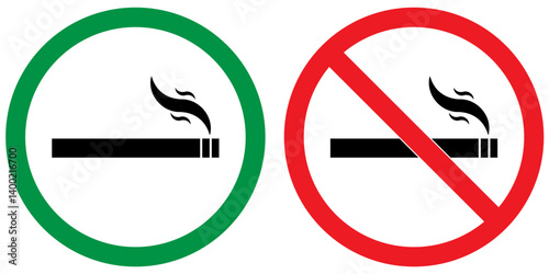 No smoking area and smoking area sign in green and red. No smoking. ban symbol. No smoking symbol. No smoke circle in red. forbidden icon. stop symbol icon set.