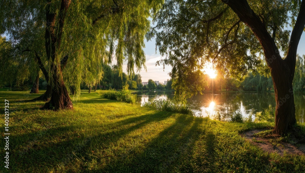 Naklejka premium Peaceful Lake with Weeping Willow Trees and Sunlight Reflection at Sunset