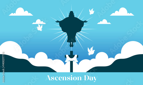Ascension Day Jesus's Ascent to Heaven with Crosses, Clouds and Religious Symbols Illustration.