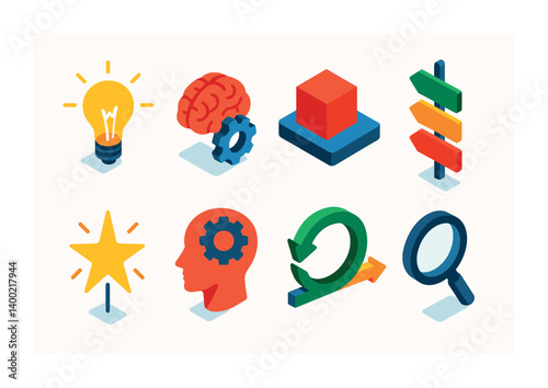 Isometric flat vector set of icons of creativity and imagination: abstract brain, colorful idea, dream bubble, sketch brain, artistic swirl, lightbulb head, fantasy cloud, innovation flash. isolated