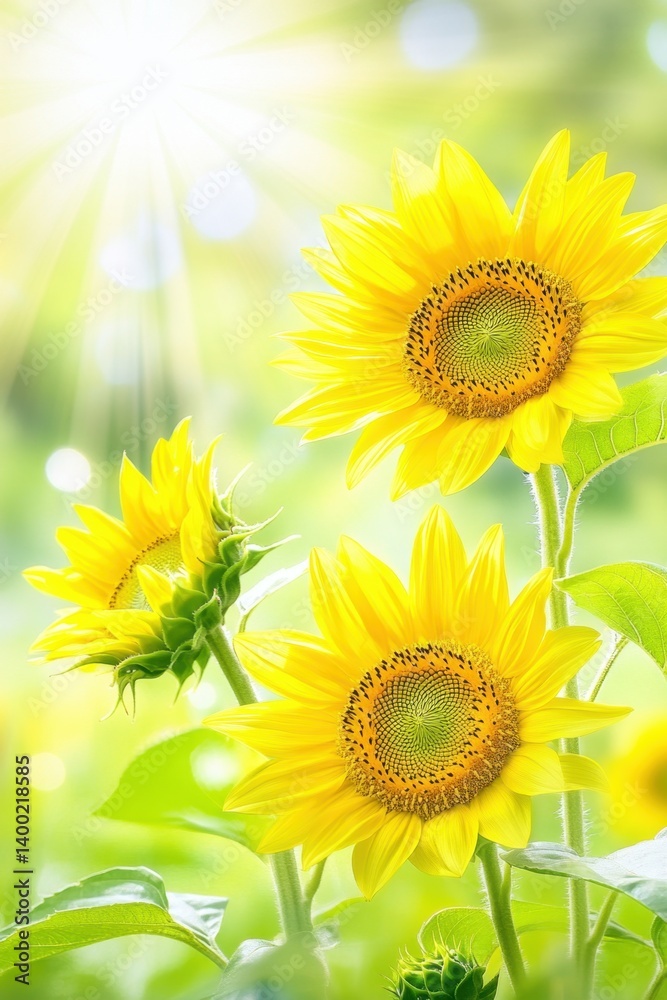 Obraz premium Radiant sunflowers bathed in golden sunlight create a cheerful and vibrant scene of summer beauty and natural warmth against a soft green background