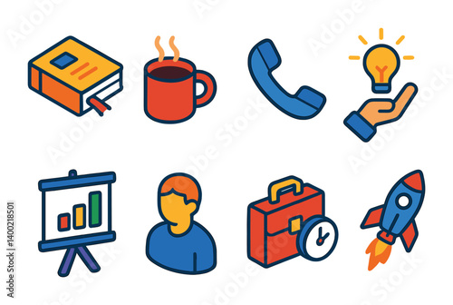 Isometric flat vector set of icons of entrepreneur tools: planner notebook, coffee mug, phone icon, pitch idea, investor chart, solo founder, side hustle icon, startup launch. isolated transparent