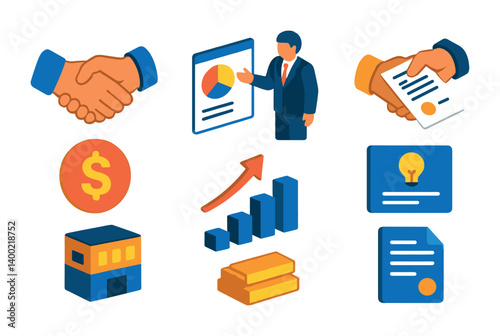 Isometric flat vector set of icons of investor relations: handshake, business pitch, deal agreement, capital icon, funding graph, pitch deck icon, VC firm, term sheet. isolated transparent background