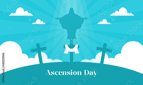 Ascension Day Jesus's Ascent to Heaven with Crosses, Clouds and Religious Symbols Illustration.