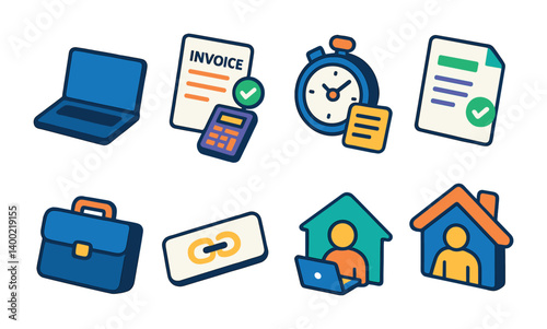 Isometric flat vector set of icons of freelancing business: laptop icon, invoice generator, time tracking, client brief, proposal doc, portfolio icon, payment link, work from home. isolated