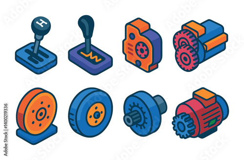 Isometric flat vector set of icons of transmission types: manual gearbox, automatic transmission, CVT, dual-clutch transmission, semi-automatic, direct-drive, torque converter, hybrid transmission.