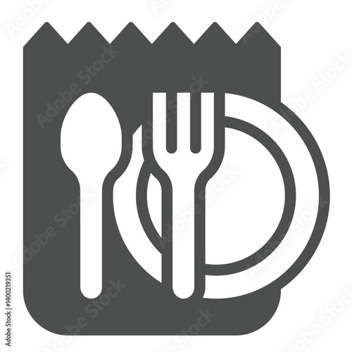 Disposable tableware solid icon, cooking food concept. Vector graphics. Plastic spoon, fork and paper bag sign on white background, glyph style icon for mobile or web design.