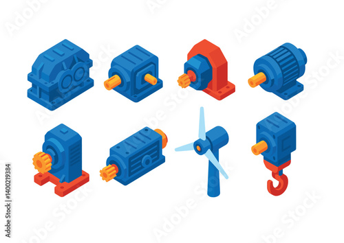 Isometric flat vector set of icons of industrial gearboxes: heavy-duty gearbox, reduction gearbox, right-angle gearbox, inline gearbox, crane gearbox, conveyor gearbox, wind turbine gearbox, hoist