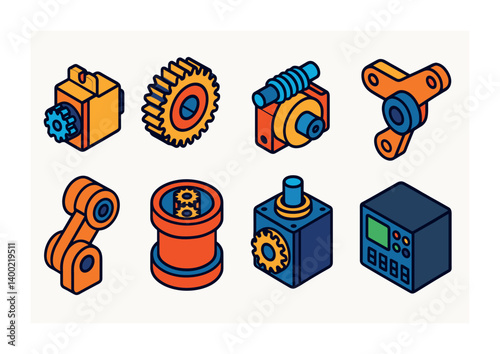 Isometric flat vector set of icons of robotics and gearboxes: servo gearbox, precision gear, compact reducer, torque arm, robotic joint gear, planetary set, automation gearbox, control unit. . ,