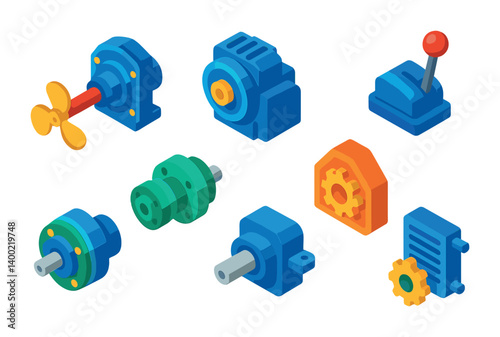 Isometric flat vector set of icons of marine gearboxes: propeller drive, marine transmission, reverse gear, engine coupling, shaft seal, reduction gear, gear oil cooler, control lever. isolated