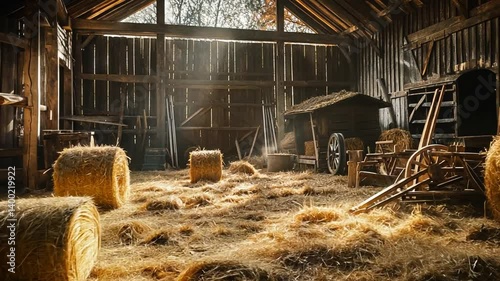 Rustic barn interior filled with golden hay bales and vintage farm equipment