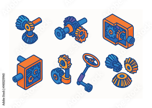 Isometric flat vector set of icons of mechanical gears: spur gear, bevel gear, worm gear, helical gear, ring gear, pinion, gear system, gear rotation. isolated transparent background.