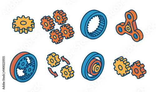 Isometric flat vector set of icons of general settings: gear, sliders, control panel, toolbox, wrench, screwdriver, system update, user preferences. isolated transparent background.