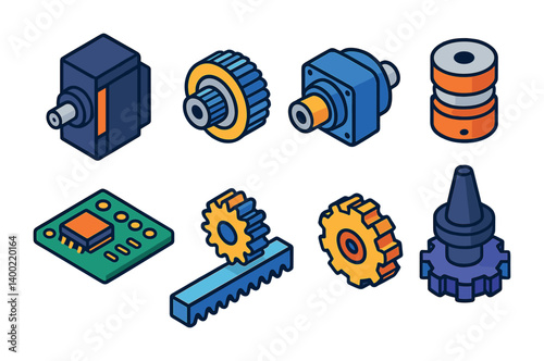 Isometric flat vector set of icons of gear manufacturing: gear cutting tool, hobbing machine, CNC gear icon, machining gear, gear blank, finishing wheel, gear profile drawing, heat treatment.