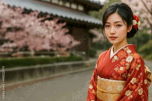 桜咲く背景に立つ、赤い着物を着た日本人女性