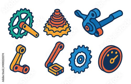 Isometric flat vector set of icons of bicycle gear: front derailleur, rear derailleur, chainring, cassette, crankset, gear shifter, pedal, bike chain. isolated transparent background.