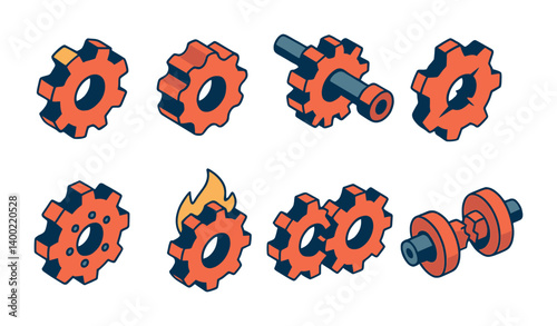 Isometric flat vector set of icons of gearbox failures: broken gear, worn teeth, leaking seal, cracked housing, misaligned shaft, overheating, slipping gear, noise icon. isolated transparent