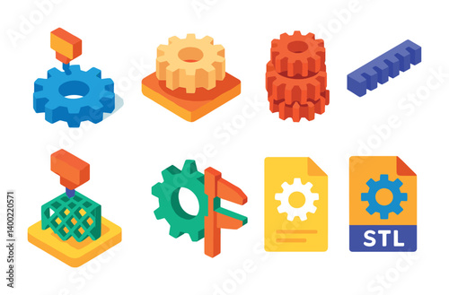 Isometric flat vector set of icons of 3D printed gears: PLA gear, nylon gear, printed gear wheel, printed rack, experimental mesh, test fit icon, CAD gear file, STL icon. isolated transparent