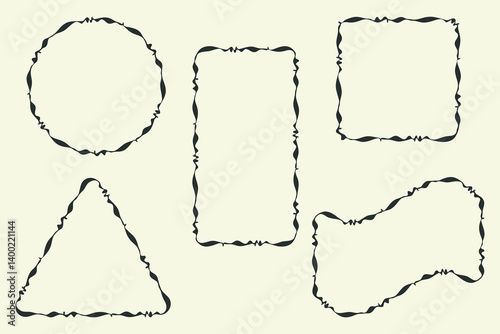 Frame outline set. Hand drawn decorative doodle black ink brush, grunge wavy stroke border, calligraphic freehand line, circle, square, rectangle geometric shapes. Quality vector illustration