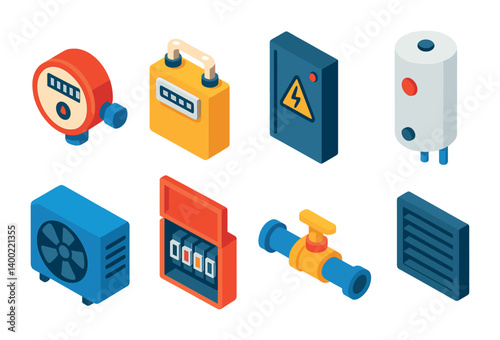 3d icons set of industrial equipment and energy devices