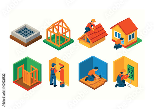 Isometric flat vector set of icons of home building stages: blueprint, frame structure, foundation, roof install, plumbing setup, electrical wiring, insulation, drywall. isolated transparent