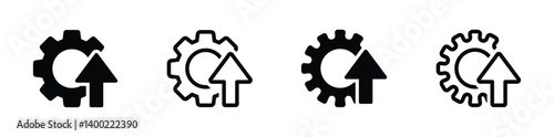 Gear with an upward arrow icon. Upgrade icon. Operational excellence icon