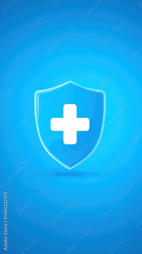 Obraz premium Shield Icon with Medical Cross on Blue for Health Insurance Ad