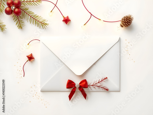 Obraz na płótnie Holiday-themed envelope with green pine branches, ideal for seasonal card mockups. Generative AI w salonie