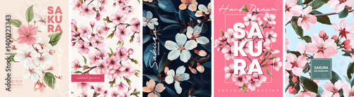 Hand drawn set of designs and patterns. Vectorized gouache illustrations. Illustrations of sakura flowers and leaves for poster, prints, menu, card or textile